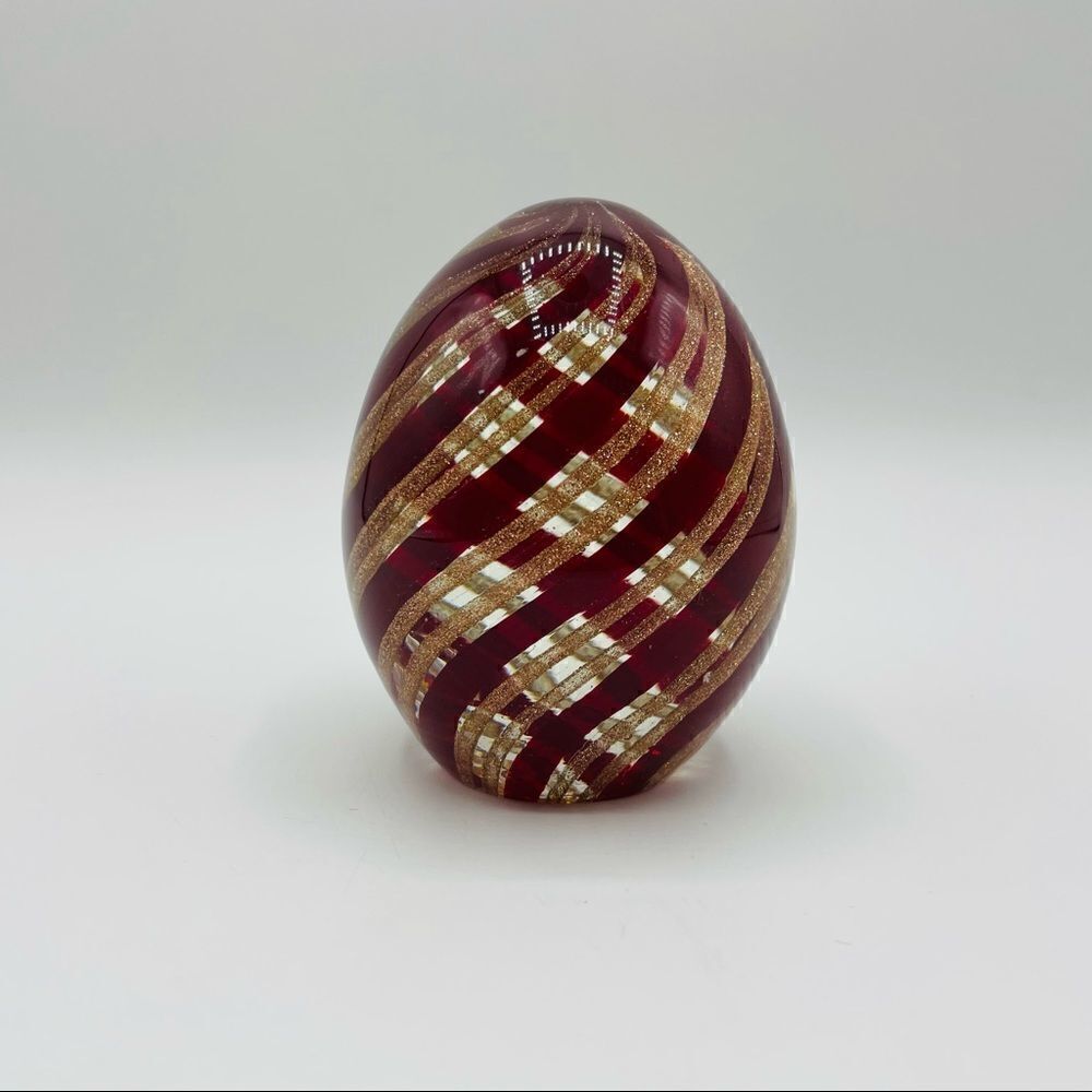 Murano Ferro & Lazzarini Red and Gold Aventurine Swirl Glass Egg Paperweight